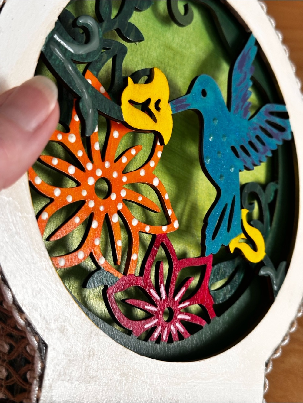 Hand Crafted Blue Hummingbird with Orange & Yellow Flowers 3d Shadow Box decor - Picture 8 of 15